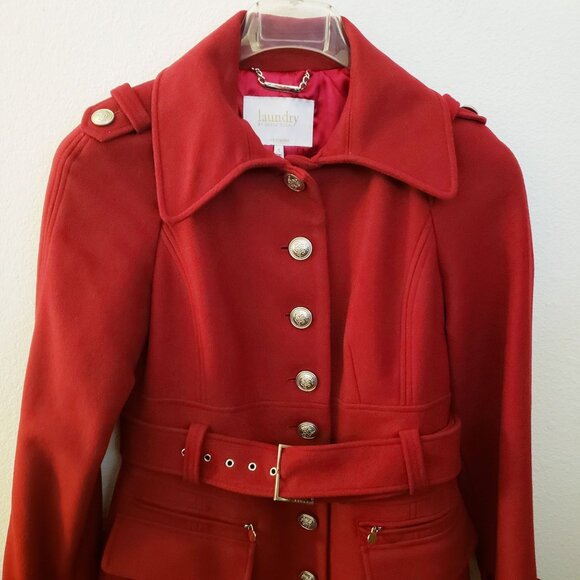 Vintage Laundry by Shelli Segal Red Military Style 80% Wool Midi Coat Size 4 GUC - Picture 2 of 9